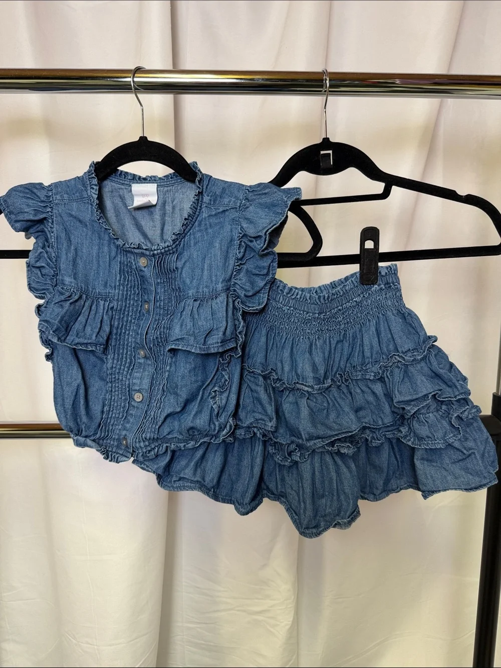 Gap X LoveShackFancy girls denim floppy skirt and ruffle-button front top set M